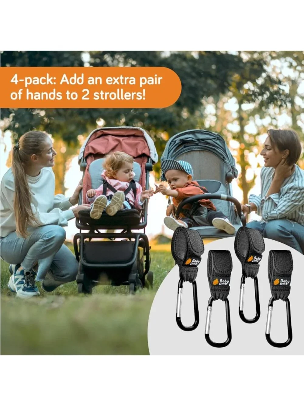 4-Pack Stroller Hooks for Diaper Bags - Adjustable Carabiner Clips, Carry 11 lbs